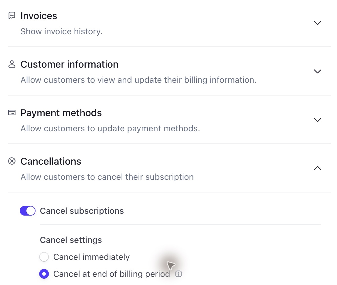 Stripe Customer Portal cancellation enabled at the end of the billing period