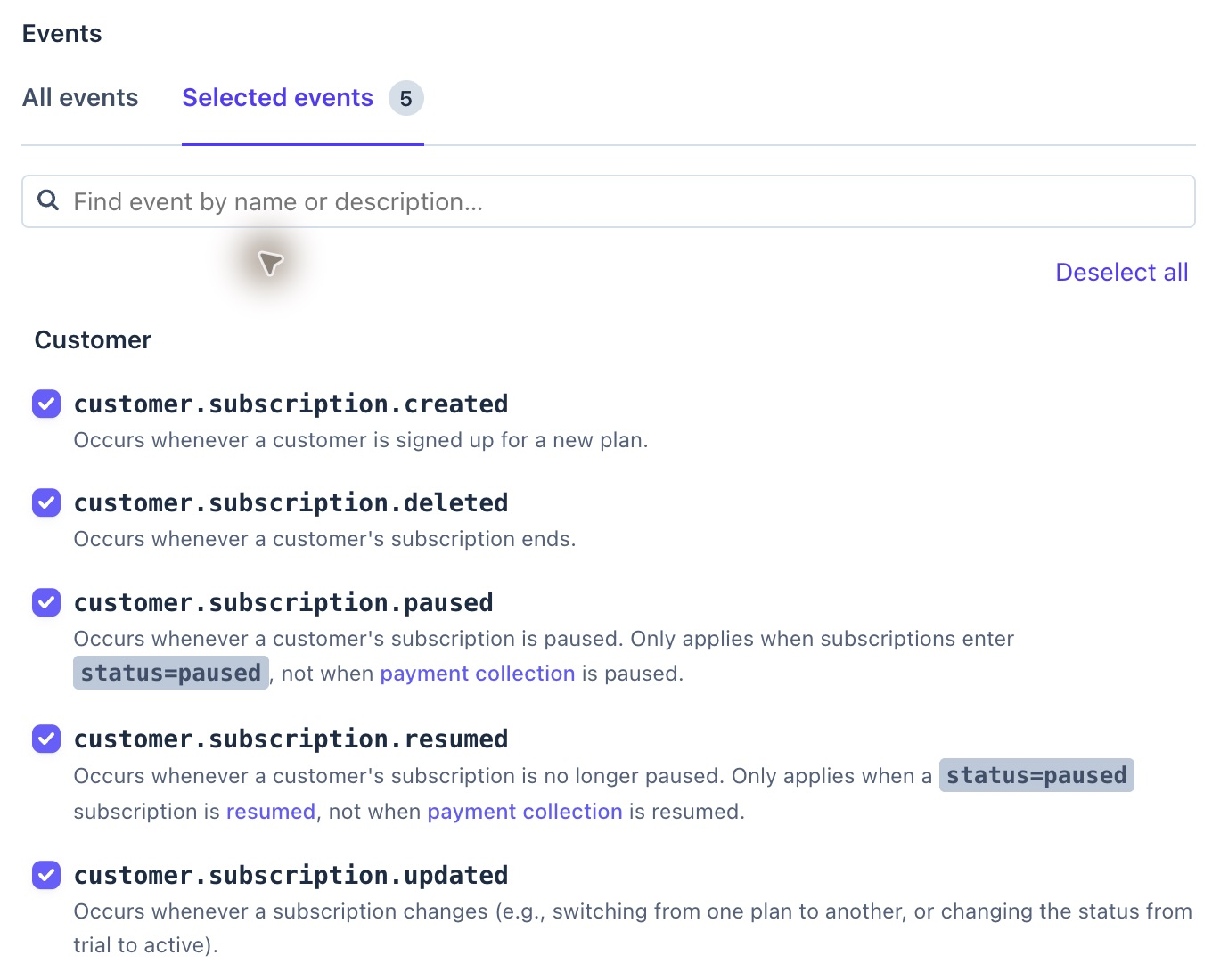 Stripe event selection with the five Hikari subscription events checked